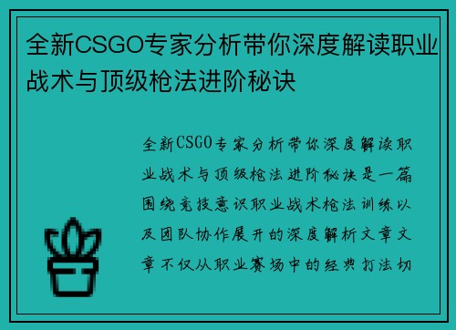 全新CSGO专家分析带你深度解读职业战术与顶级枪法进阶秘诀 全新CSGO专家分析带你深度解读职业战术与顶级枪法进阶秘诀